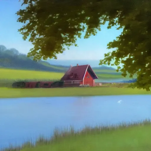 Image similar to farmhouse beside a lake, felix Kelly, trending on artstation
