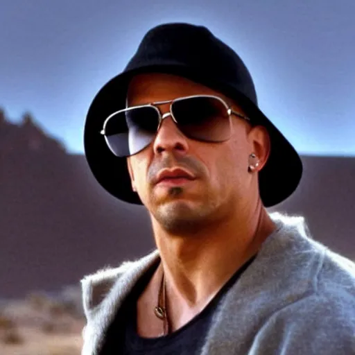 Image similar to Vin Diesel with a goatee and a black hat as Walter White, 1986 Fleetwood Bounder RV in the desert background, realistic, cinematic, high detail