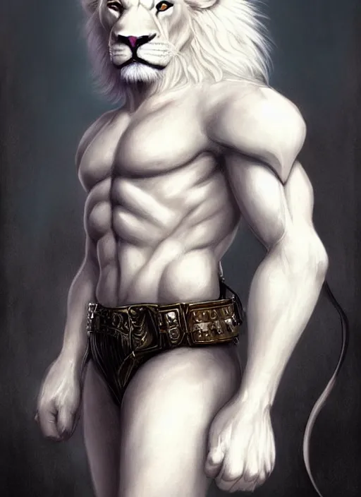 Image similar to aesthetic portrait commission of a of a male fully furry muscular anthro albino lion wearing attractive leather harness and shorts with a tail and a beautiful attractive hyperdetailed face r, safe for work (SFW). Character design by charlie bowater, ross tran, artgerm, detailed, inked, award winning film poster painting