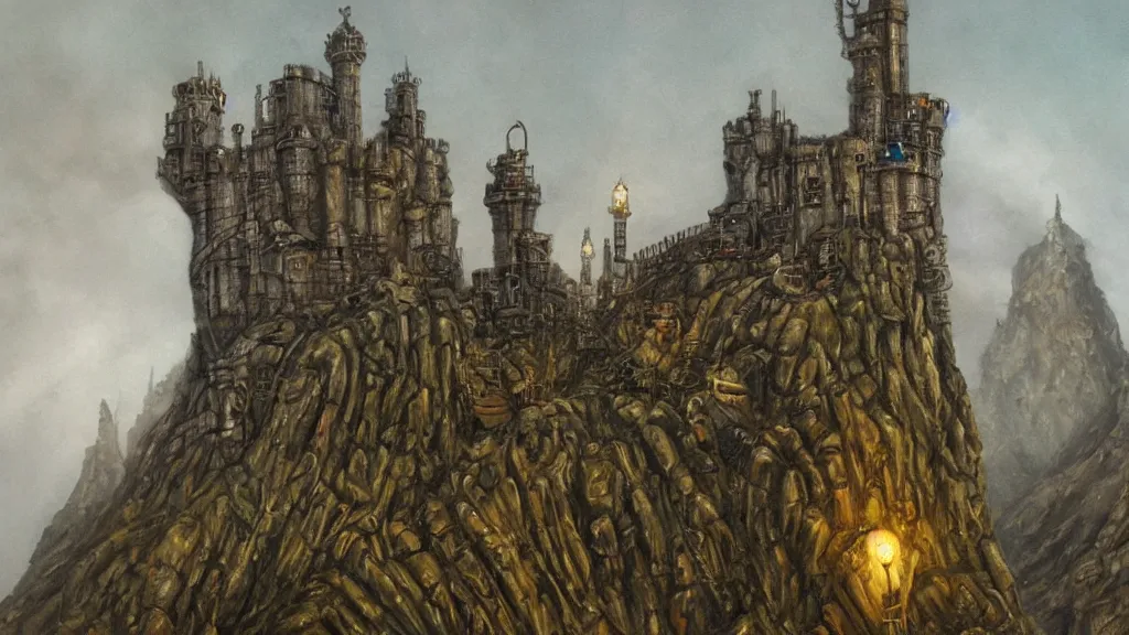 Image similar to an oil painting in the style of alan lee of a steampunk minas tirith