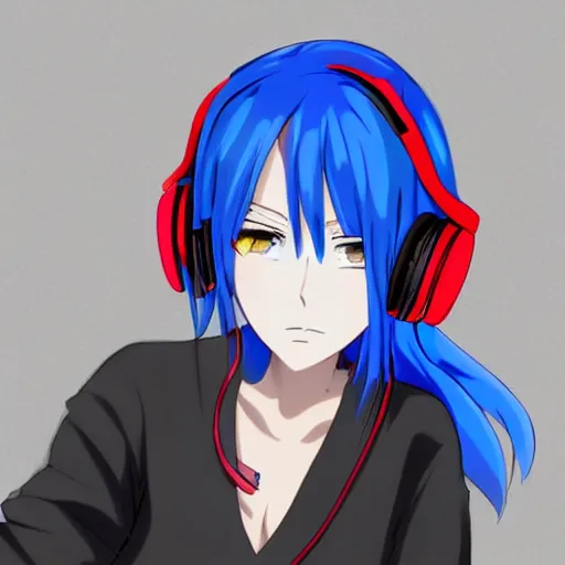 Image similar to Girl with blue hair and red eyes wearing headphones, anime style