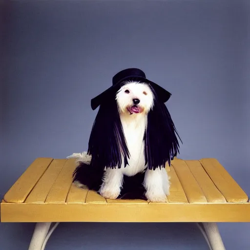 Image similar to a cream - colored havanese dog sitting on top of a wooden bench, wearing a large black sunhat, corset, and furry boots, legs spread, an album cover by david lachapelle, behance, transgressive art, 1 9 9 0 s, made of feathers, full body