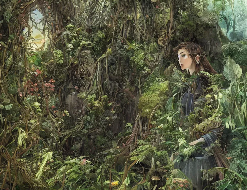 Prompt: the clockwork princess overgrown by plants. this oil painting by the award - winning mangaka has interesting color contrasts, plenty of details and impeccable lighting.