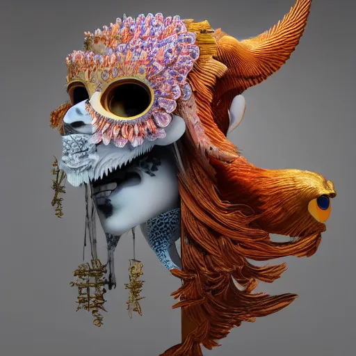 Image similar to 3 d goddess close - up profile portrait russian with ram skull. beautiful intricately detailed japanese crow kitsune mask and clasical japanese kimono. betta fish, jellyfish phoenix, bio luminescent, plasma, ice, water, wind, creature, artwork by tooth wu and wlop and beeple and greg rutkowski