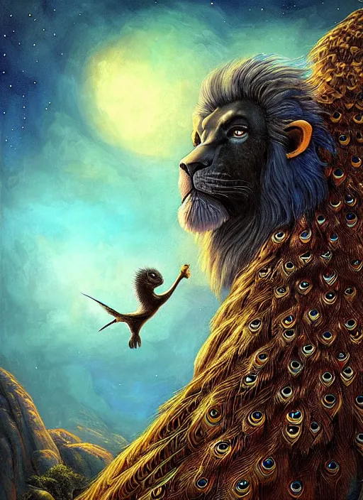 Prompt: black lion king with peacock wings, night sky, by aaron blaise, by james gurney, by michael whelan, epic, fantasy illustration, intricate, hyper detailed, concept art, smooth, sharp focus, vibrant, photo realistic, digital painting