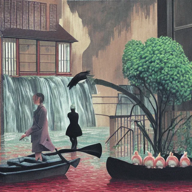 Image similar to painting of flood waters inside an apartment, emo catgirl art student, a river flooding inside, taps with running water, tangelos, zen, pigs, ikebana, water, river, rapids, waterfall, black swans, canoe, pomegranate, berries dripping, acrylic on canvas, surrealist, by magritte and monet