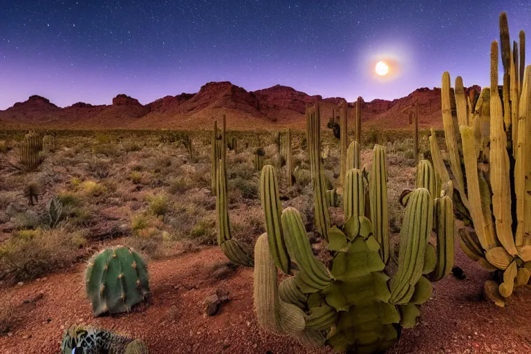 Prompt: beautiful landscape photography of an Arizona desert, dramatic lighting, cactus, lake, nighttime, moon,