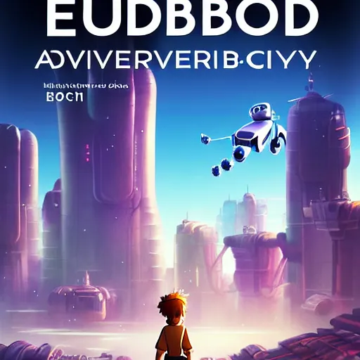 Image similar to film poster, novel cover art for a book, an adventurous boy and his small robot friend, futuristic city backgrond, eleborate composition with foreground and background, depth of field, fantasy illustration by kyoto studio, don bluth!!!, square enix, cinematic lighting