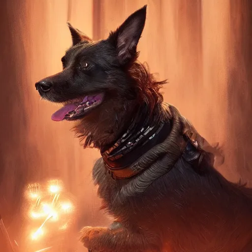 Image similar to Portrait of a dog as a sorcerer, magic, fantasy, D&D, intricate, cinematic lighting, highly detailed, digital painting, artstation, concept art, smooth, sharp focus, illustration, art by Artgerm and Greg Rutkowski