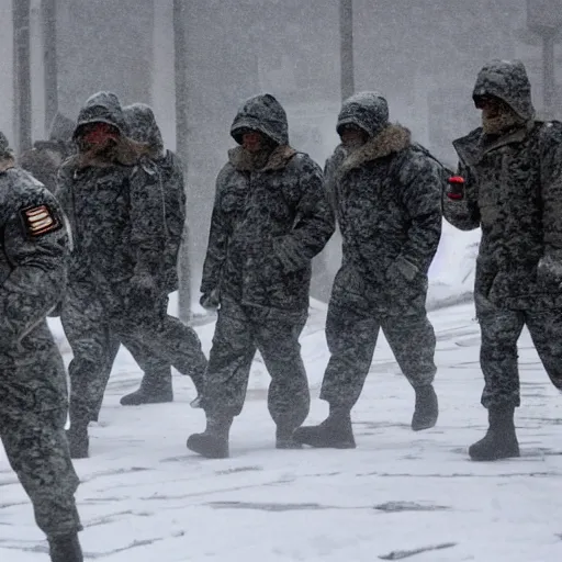 Prompt: multiple soldiers wearing arctic clothing, riot gear, in snow storm, apocalyptic.