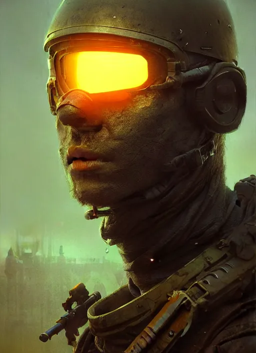 Image similar to closeup realistic portrait of a dystopian soldier in apocalyptic environment, backlit, oil painting, concept art, filip hodas, john howe, mike winkelmann, jessica rossier, andreas rocha, bruce pennington, albert bierstadt, peter mohrbacher, donato giancola, joseph christian leyendecker, wlop, boris vallejo