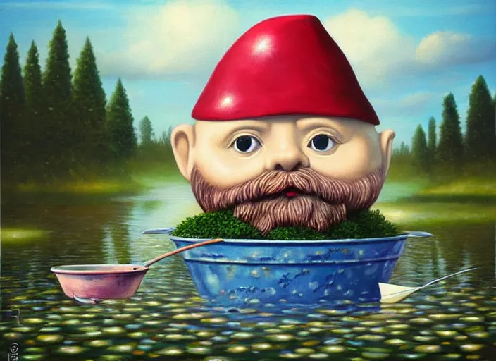 Image similar to a garden gnome sailing in a bucket, whimsical background of a reflective pond on a sunny day with dramatic clouds, an ultrafine detailed painting by mark ryden, trending on deviantart, pop surrealism, whimsical, lowbrow, joyous, perfect symmetrical face