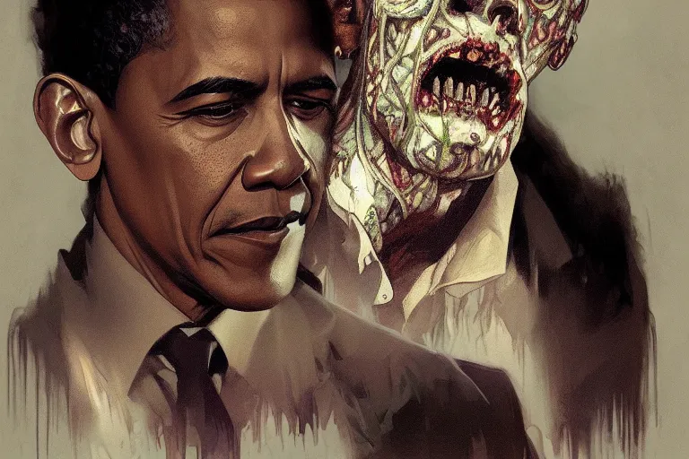 Image similar to portrait of a Barack Obama zombie, intricate, elegant, highly detailed, digital painting, artstation, concept art, smooth, sharp focus, illustration, art by Krenz Cushart and Artem Demura and alphonse mucha