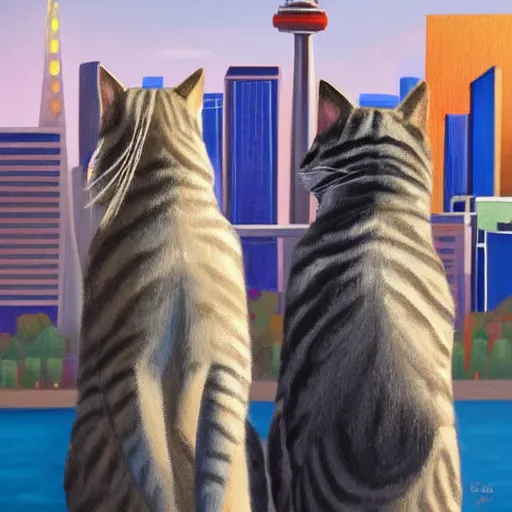 Prompt: anthropomorphic grey tabby cat and solid black cat sitting together looking at view of toronto city detailed painting 4 k