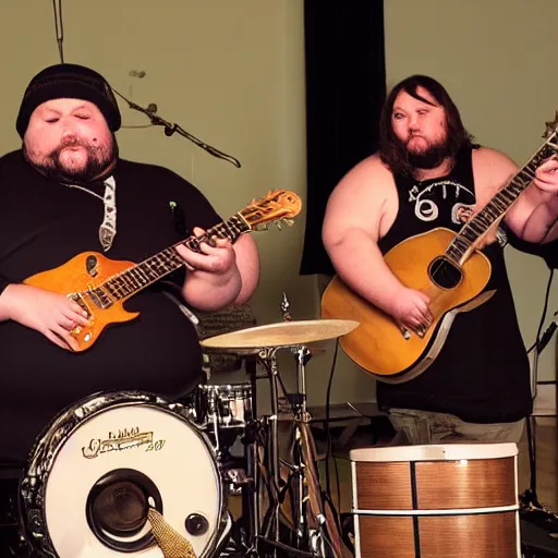 Prompt: 3 fat obese small frogs playing instruments in a band, high-definition photograph