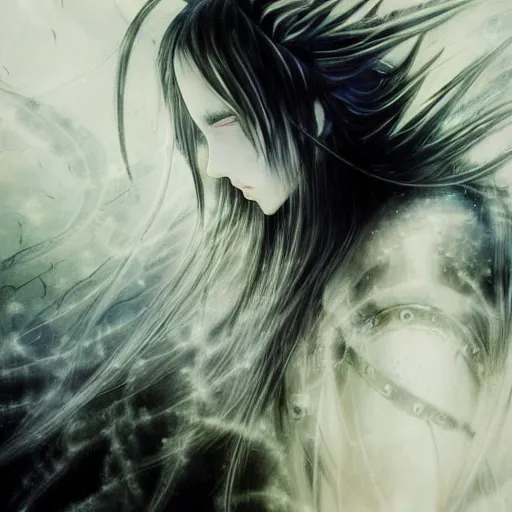 Image similar to yoshitaka amano blurred and dreamy illustration of an anime girl with black eyes, wavy white hair fluttering in the wind wearing elden ring armor and crown with engraving, abstract black and white patterns on the background, noisy film grain effect, highly detailed, renaissance oil painting, weird portrait angle, blurred lost edges, three quarter view