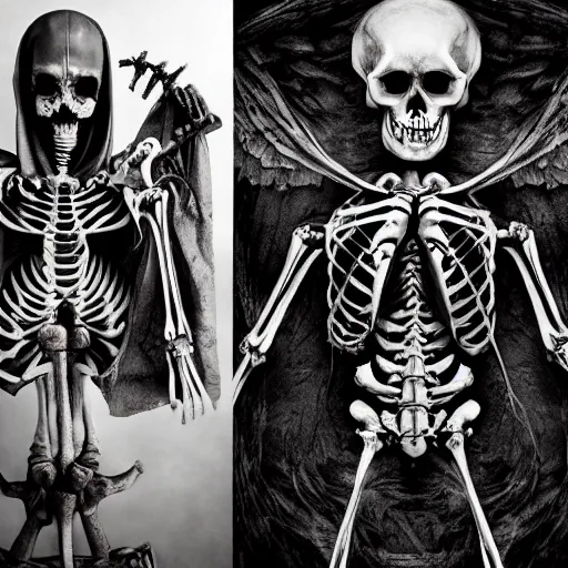 Prompt: ! dream a triptych with a skeleton, grim reaper, and devil, horror, scary, dark, high detail, cinematic lighting, medieval,