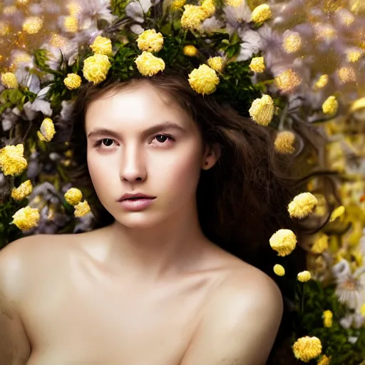 Prompt: photorealistic digital portrait of cute girl model, hair of flowers, in a gold bathtub full of flowers, natural lighting, 5 0 mm still image, artistic, award winning, elegant, by annie leibovitz