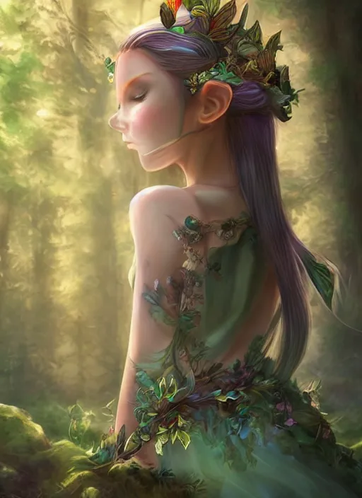 Image similar to beatiful elf princess in an enchanted forest, 3/4 side view, hair jewellery, fully clothed, light mist, light rays sieving through the trees, shallow depth of field, coherent composition, by Yuumei, by Artgerm