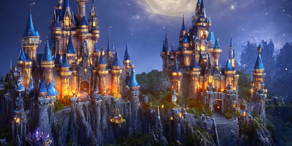 Image similar to a glittering fantasy castle at night, extremely detailed, Behrens style, unreal 5 render, fantasy digital art, octane render, beautiful composition, trending on artstation, award-winning photograph, masterpiece