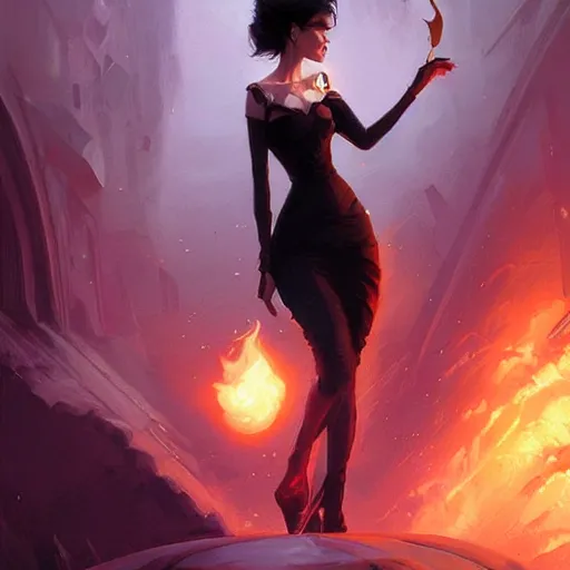 Prompt: Elegant woman with black hair, smoke around her, high detail, concept art background by john harris + andreas rocha, artwork by charlie bowater + artgerm + anato finnstark + ross tran