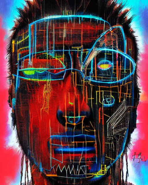 Prompt: a cyberpunk portrait of sasquatch by jean - michel basquiat, by hayao miyazaki by artgerm, highly detailed, sacred geometry, mathematics, snake, geometry, cyberpunk, vibrant, water
