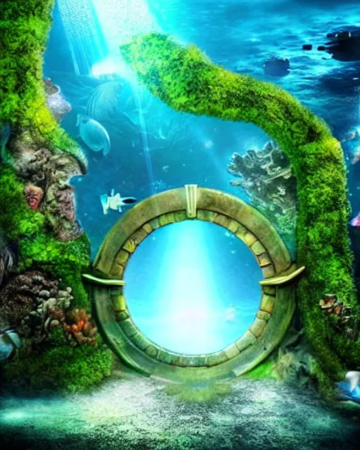 Prompt: underwater otherworldly stargate, entrance to atlantis populated sealife, moss, rocks, epic scenery, far, starry gate photorealistic