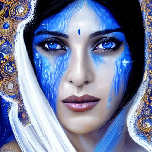 Prompt: India, magic, Beautiful face Portrait of crying young hindu Monica Bellucci, monstrous huge eyes, blue indygo thunder lightning, long wavy black hair, white veil, magic blue fire, closeup, focus face, dramatic lighting, intricate, India, wild, highly detailed, digital painting, artstation, concept art, smooth, sharp focus, illustration, art by artgerm and greg rutkowski and alphonse mucha, footage from space camera