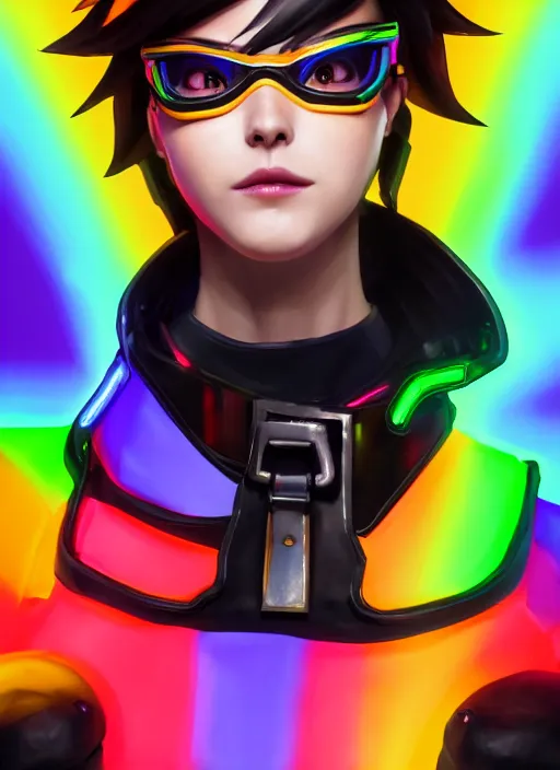 Image similar to full body overwatch style oil painting portrait of tracer overwatch, confident pose, full body, full body, wearing black jagged iridescent rainbow latex armor, rainbow, neon, 4 k, expressive surprised expression, makeup, wearing large rainbow neon choker, studio lighting, acid, trippy, black leather harness, expressive detailed face and eyes,