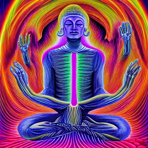 Prompt: hyper dream waves, trending on artstationhd, painting by alex grey and buddha