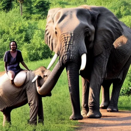 Image similar to a couple of people standing next to an elephant