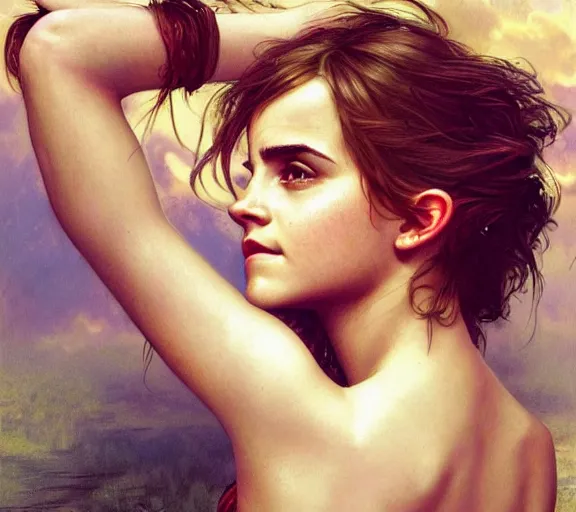 Image similar to photography emma watson with hands - up and hairy armpits, deep focus, intricate, elegant, highly detailed, digital painting, artstation, concept art, matte, sharp focus, illustration, art by artgerm and greg rutkowski and alphonse mucha and gil elvgren