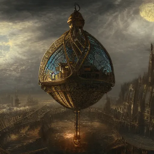 Image similar to enormous flying city in a faberge egg, sky, steampunk, fantasy art, masterpiece, hugh ferriss, unreal engine, andreas achenbach cloudy background, latticework