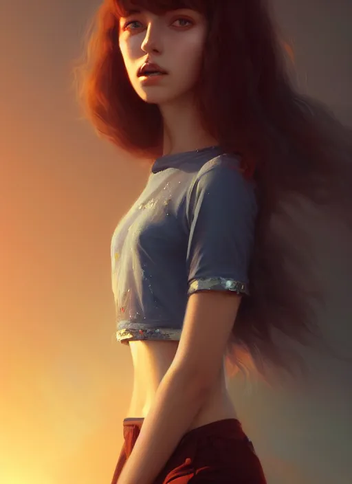 Prompt: ultradetailed beautiful painting of a stylish young lady wearing a crop top, dramatic, she has dreamly hair, distressed, volumetric light, full body portrait by greg rutkowski, ilya kuvshinov, james jean, makoto shinkai, on artstation