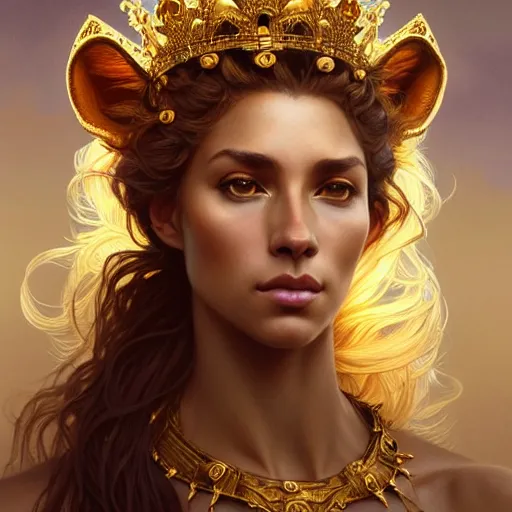 Prompt: majestic lioness queen as a beautiful woman. d & d, portrait, highly detailed, digital painting, trending on artstation, intricate details, energetic mood, golden ratio composition, concept art, sharp focus, illustration, art by artgerm and greg rutkowski and alphonse mucha and magali villeneuve, 8 k, 4 k,