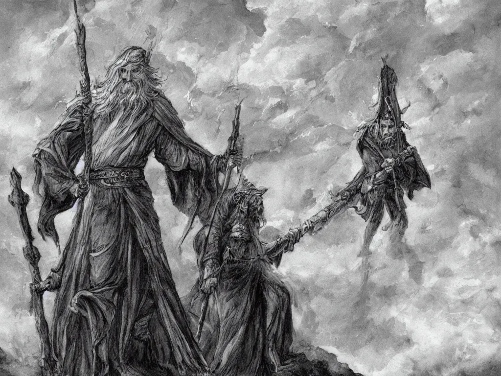 Image similar to Odin the wanderer in a grey cloak with his staff travelling walking on a path with clouds above him, neo-romanticism, norse mythology