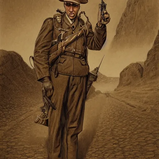 Image similar to a detailed photorealistic sepia - toned color line drawing of a 1 9 1 7 worried clean - shaven british lieutenant in detailed field gear not wearing a hat in wadi rum, ultra realistic, painted, intricate details, lovecraft, atmospheric, dark, horror, brooding, highly detailed, by clyde caldwell