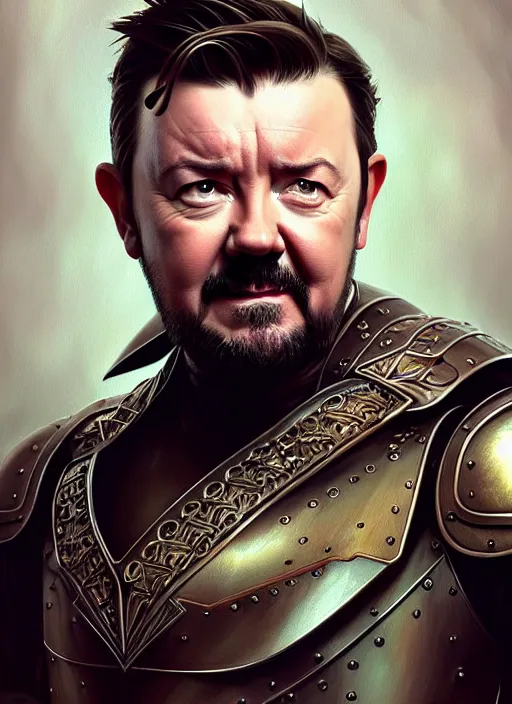 Image similar to portrait of ricky gervais, d & d, muscular!! armour, intricate, elegant, highly detailed, digital painting, artstation, concept art, smooth, sharp focus, illustration, art by artgerm and greg rutkowski and alphonse mucha