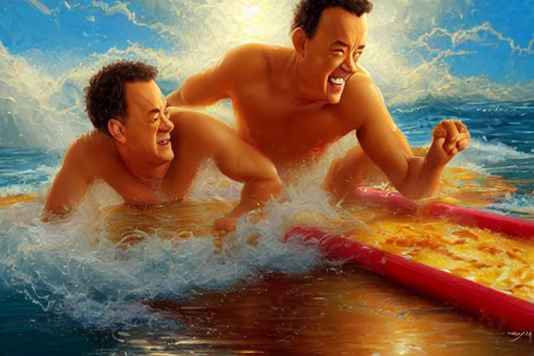 Image similar to tom hanks swimming in lasagna, meg ryan life guard, an oil painting by ross tran and thomas kincade