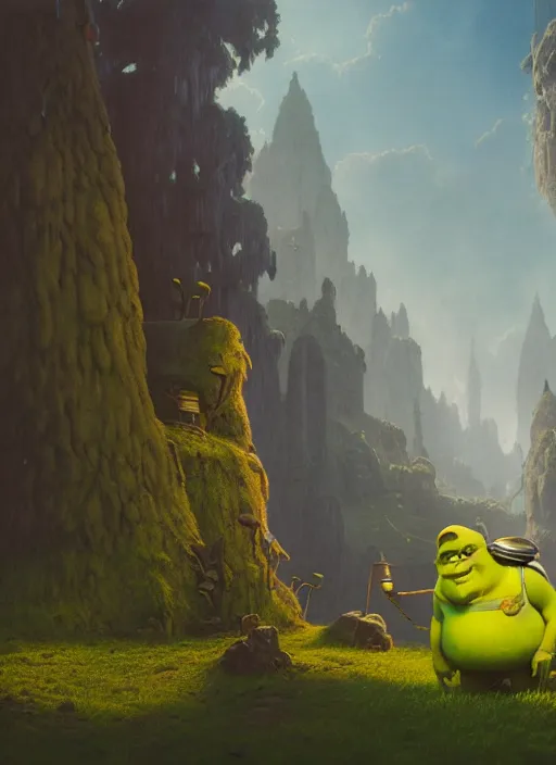 Prompt: shrek minion, stephen bliss, unreal engine, greg rutkowski, ilya kuvshinov, ross draws, hyung tae and frank frazetta, tom bagshaw, tom whalen, nicoletta ceccoli, mark ryden, earl norem, global illumination, god rays, detailed and intricate environment