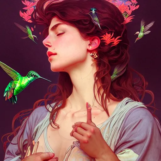 Image similar to Portrait of a girl exhaling smoke being surrounded by hummingbirds, face, fantasy, intricate, elegant, highly detailed, digital painting, artstation, concept art, smooth, sharp focus, illustration, art by Fernanda Suarez and Artem Demura and alphonse mucha