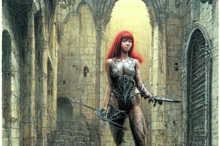 Image similar to cute young alyson hannigan with short hairs in medieval city by luis royo and wayne barlowe, beksinski