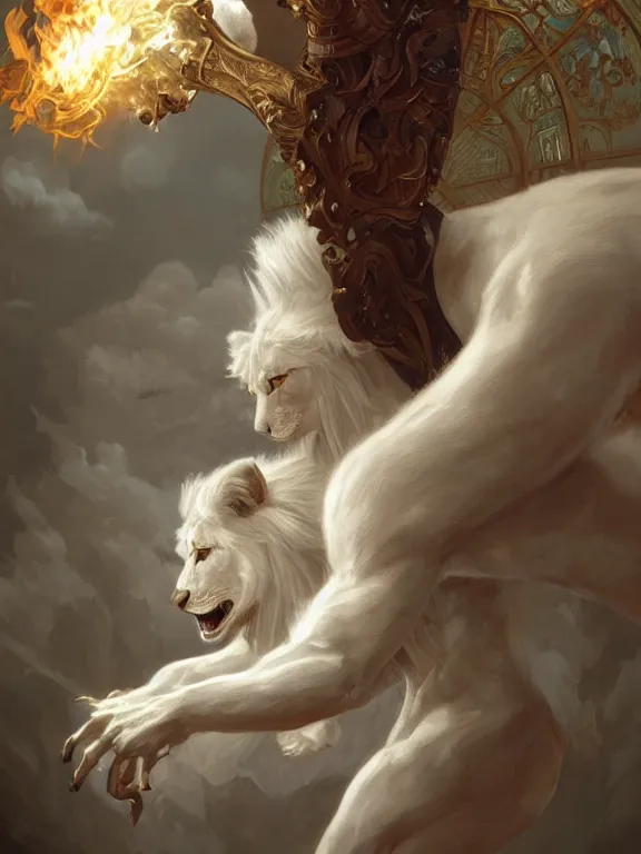 Image similar to muscular male albino anthropomorphic anthro furry white lion summoner with a fire elemental, fantasy, man, intricate, elegant, highly detailed, digital painting, artstation, concept art, wallpaper, smooth, sharp focus, illustration, art by artgerm and greg rutkowski and alphonse mucha