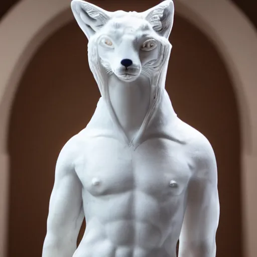 Prompt: close - up museum photo of an ancient white marble statue of a fox in a hoodie, greece, studio lighting, professional, promo,