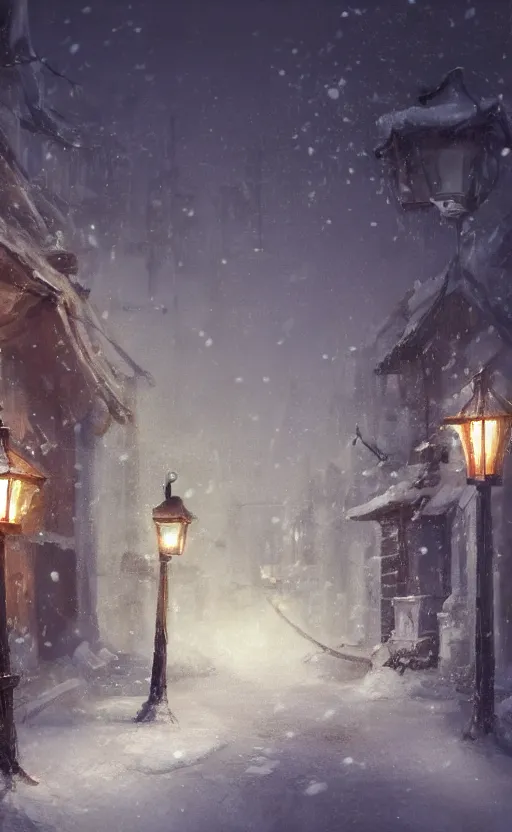 Image similar to a blurry ambient lantern in the distance of a snowy village at night, dynamic lighting, ambient lighting, atmospherical, photorealistic fantasy concept art, trending on art station, stunning visuals, creative, cinematic, ultra detailed