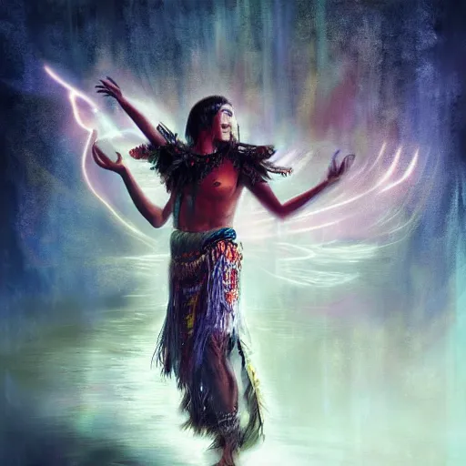 Image similar to a shaman dancing with light by Raymond Swanland