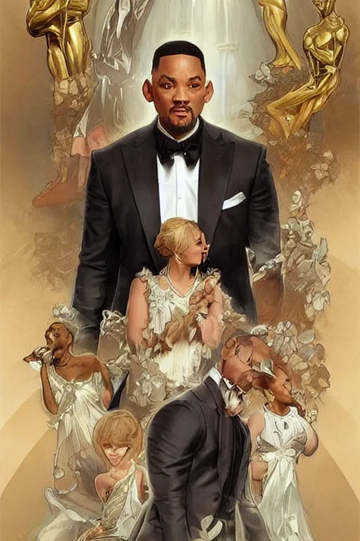 Image similar to beautiful cottagecore will smith slapping chris brown at the oscars. intricate, elegant. highly detailed, digital painting, artstation, concept art, smooth, sharp, focus, illustration. . art by artgerm and greg rutkowski and alphonse mucha