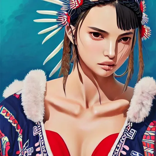 Image similar to a beautiful young japanese natalie portman alluring gravure model, stylized concept art, wearing elaborate oversized designer bomber jacket and one piece bikini, bulky bomber jacket with mesoamerican patterns, mesoamerican native street fashion, princess mononoke, painted by ilya kuvshinov aesthetic, gorgeous, stunning, alluring, attractive, artstation, pinterest, digital art
