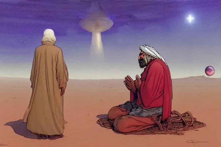 Prompt: a hyperrealist watercolour character concept art portrait of a middle eastern merchant praying in front of an alien with 1 2 eyes on a misty night in the desert. a ufo is in the background. by rebecca guay, michael kaluta, charles vess and jean moebius giraud