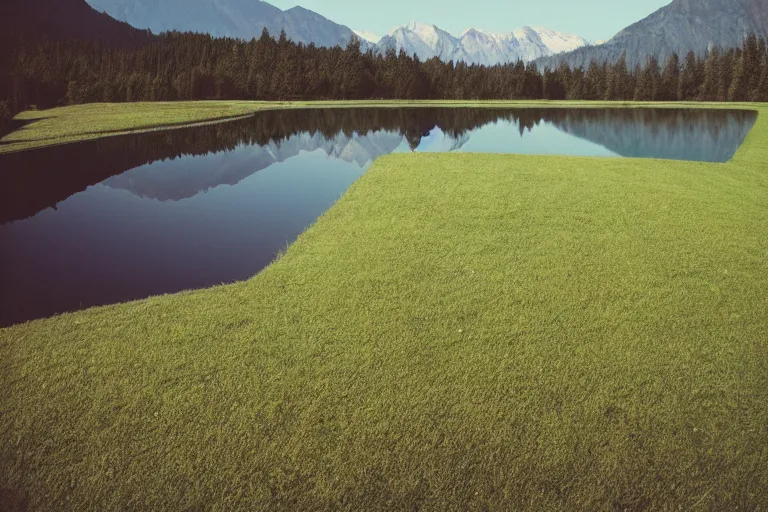 Image similar to film color photography, long view of green lawn with mirror that reflected red, no focus, mountains in distance, 35mm